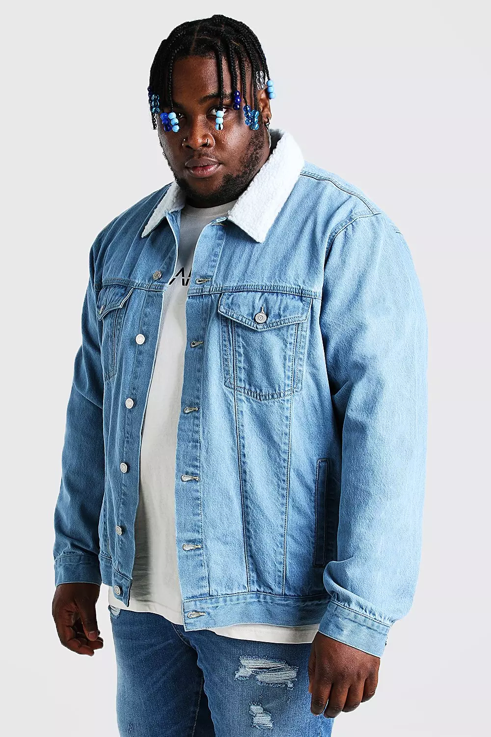 Plus size denim jacket with fur on sale